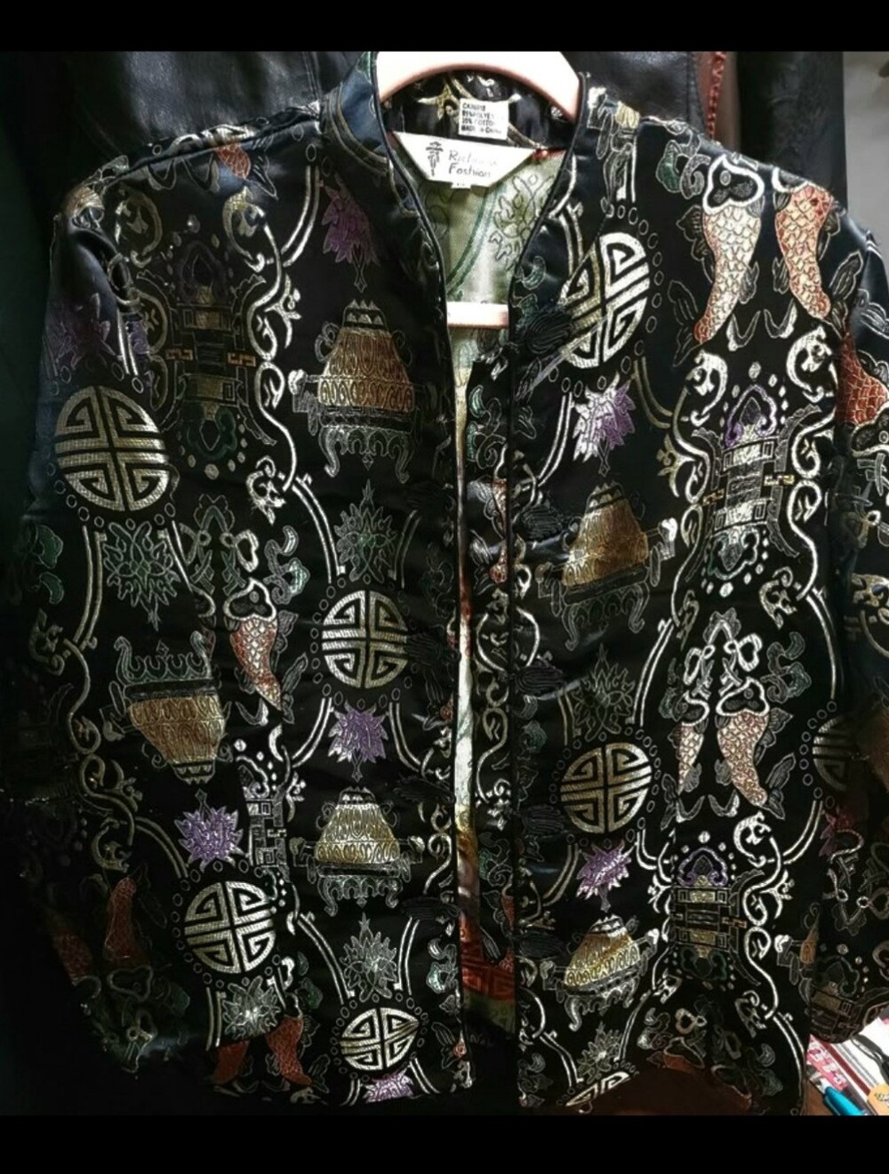 Richness Fashion Black Brocade Asian Jacket Mandarin Collar Frog Buttons XL